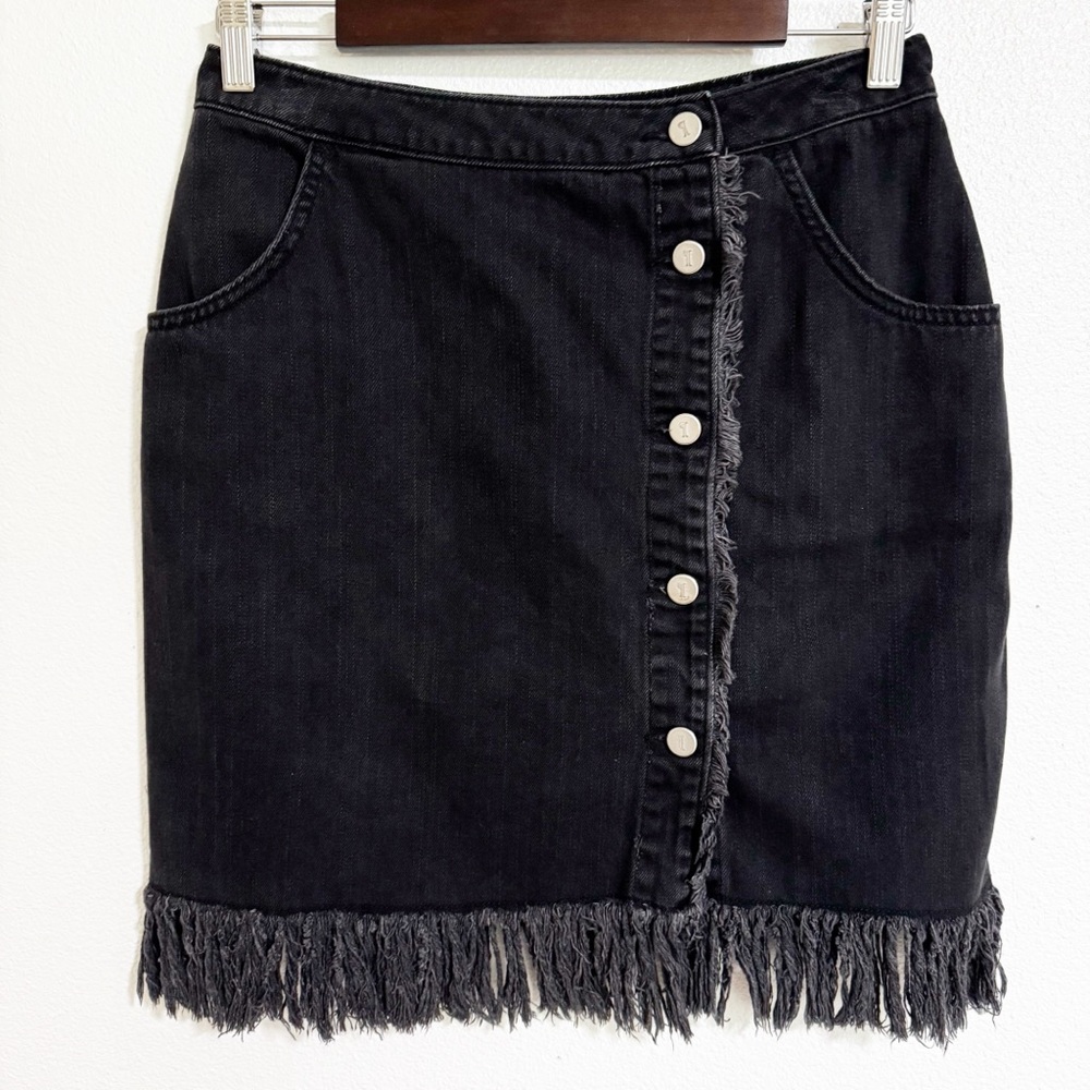 Anthro Pilcro Black Wash Fringe Trim Asymmetric Button Front Jean Skirt - Picture 2 of 12